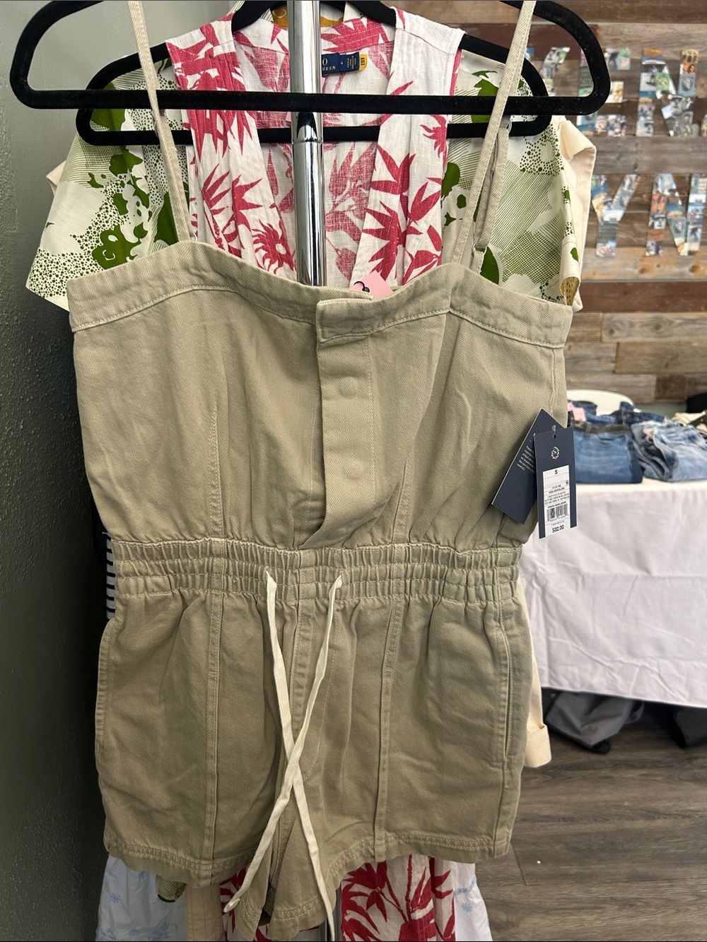 Universal Thread Beige Drawstring Cotton One-Piece Romper Cotton